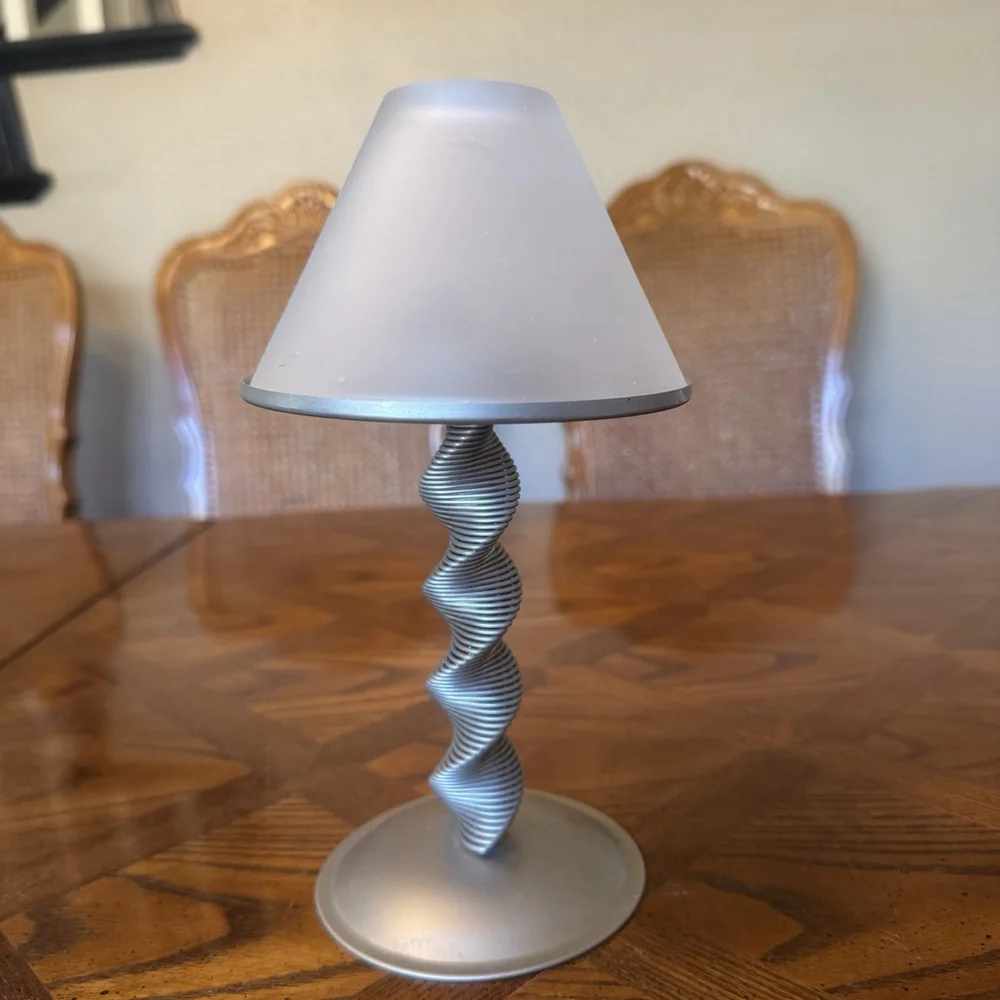Silver Plated Candlestick Holder With Milk glass Shade Metal Wire Spiral Twist